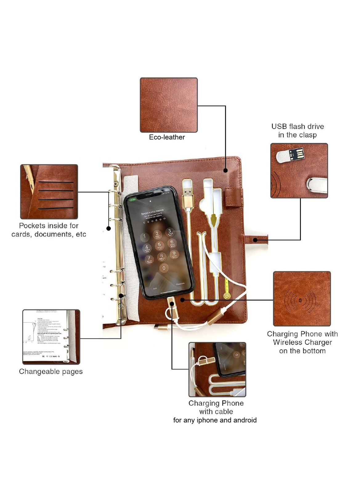Gifts for Business Travelers Phone Charging Executive Leather Notebook with Q...