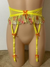 For LOVE LEMONS Mirabelle Garter Belt Yellow Satin Sheer Mesh Fruit Cherries XS