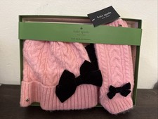 KATE SPADE NY CABLE HAT-SCARF-ARM WARMERS 3 PC. SET PINKW/BLACK VELVET BOWS. NEW