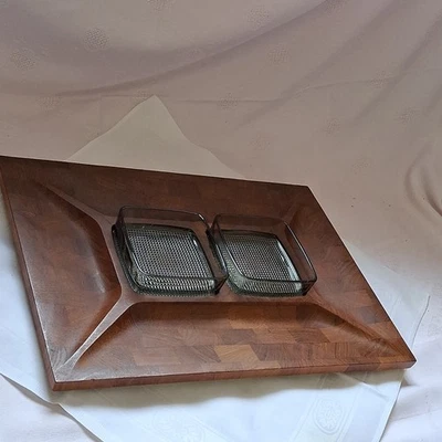 Vintage Digsmed Denmark 43 x 31 cm Serviertablett Holz mit 2 Glasschalen 1964 - Bild 1 von 4