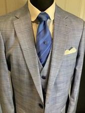 Męski trzyczęściowy garnitur niebieski w kratę 165 42L W36 L 33 Slim Fit Peaky Blinder Style