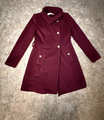 T Tahari Izzy Asymmetrical Trench Coat Small ? Wool Blend Burgundy Lined 