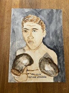 Outsider Folk Art African American Joe Lewis Boxer Portrait Watercolor Painting