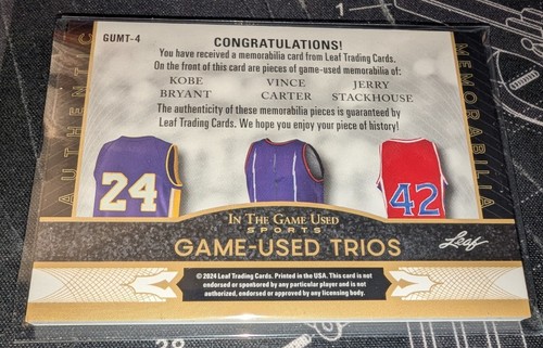 2024 Leaf In The Game Used Kobe Bryant/Vince Carter/Jerry Stackhouse Jersey /3 - Picture 2 of 2