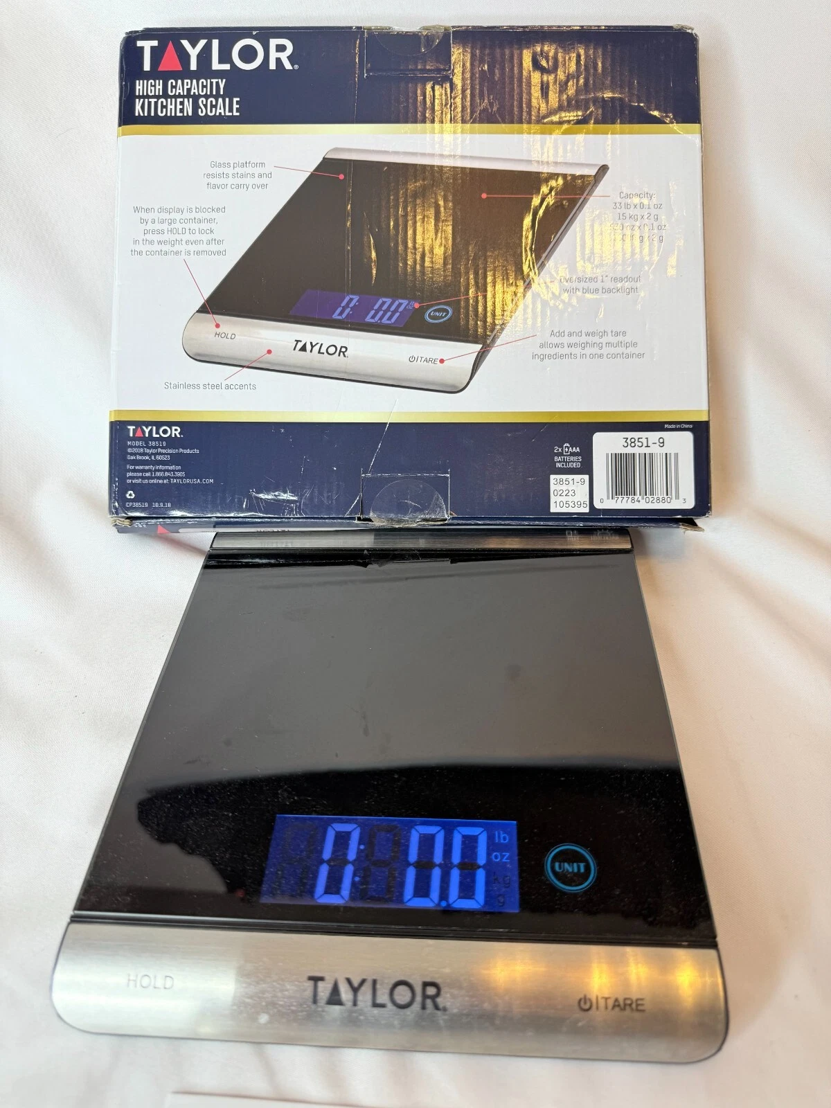 TAYLOR 33 Pound 38519 Digital Kitchen Scale Battery Operated w Box Instructions