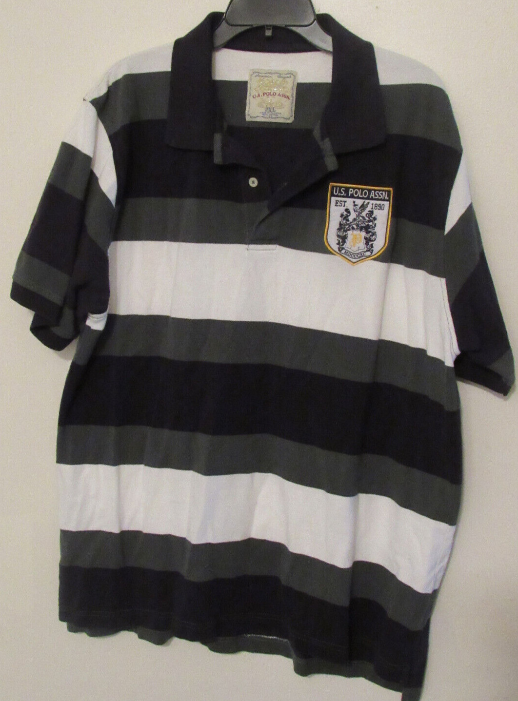 U.S. Polo Assn Rugby Polo Shirt Men 2XL Navy/Green/White Stripe Crest Logo VTG