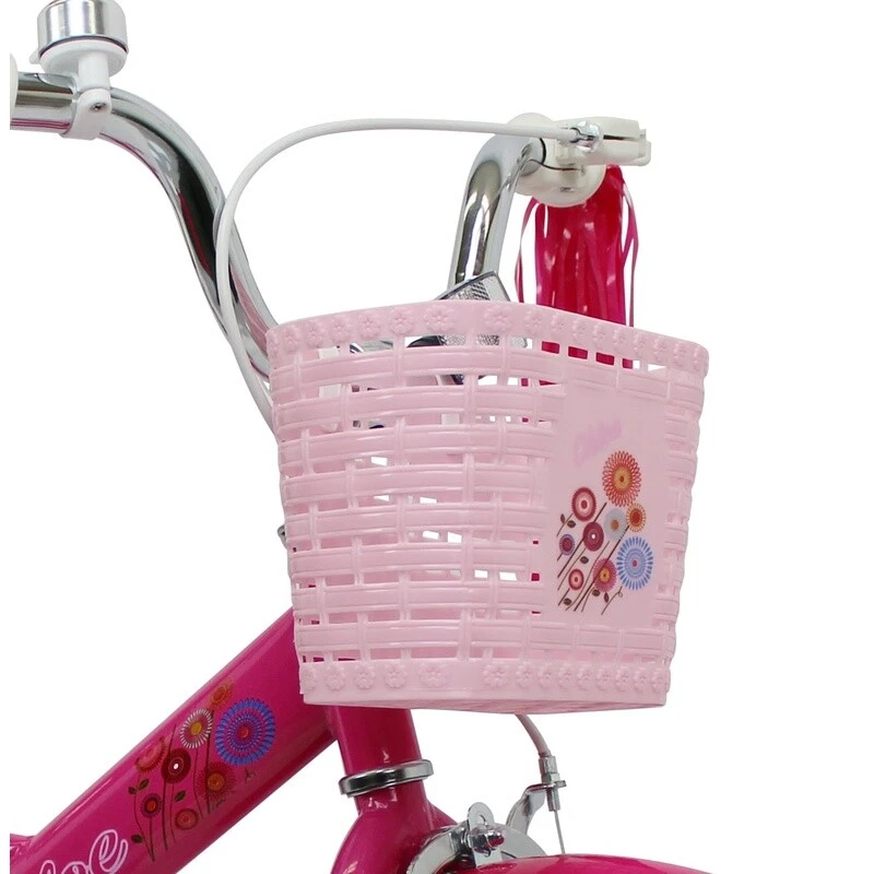 Bicicleta para niños de 16 pulgadas con ruedas de entrenamiento cesta serpentinas muñeca portador campana rosa Foto 4 de 4