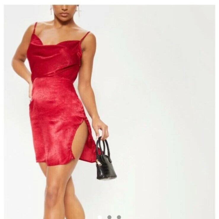 red satin prettylittlething PLT mini dress with side slit split