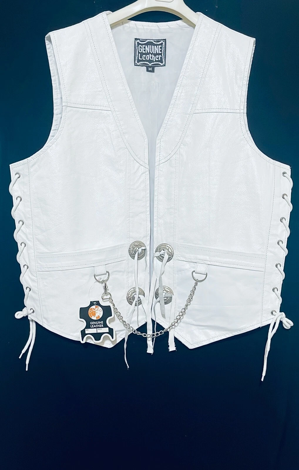 Mens White Original COW LEATHER Vest Chain Concho Motorcycle Biker Waistcoat
Opens in a new window o