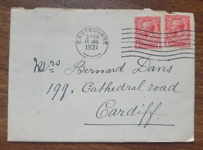 1921 Grand Hotel Eastbourne, Umschlag. To Mrs B. Davis, Cathedral Rd, Cardiff