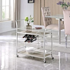 Silver and Gray Francesca Bar Cart, 2 Tier Mobile Mini Bar, Kitchen Serving Cart