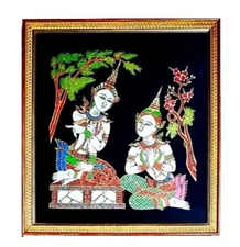THAI SILK HAND PAINTED TAPESTY WALL ART 1970s Professionally Framed 17x13 VTG A1