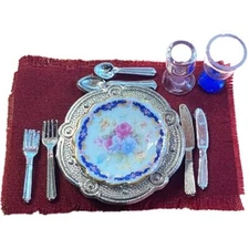 Dollhouse Royal Blue Dinner Place Setting Miniature Reutter Dining Accessory