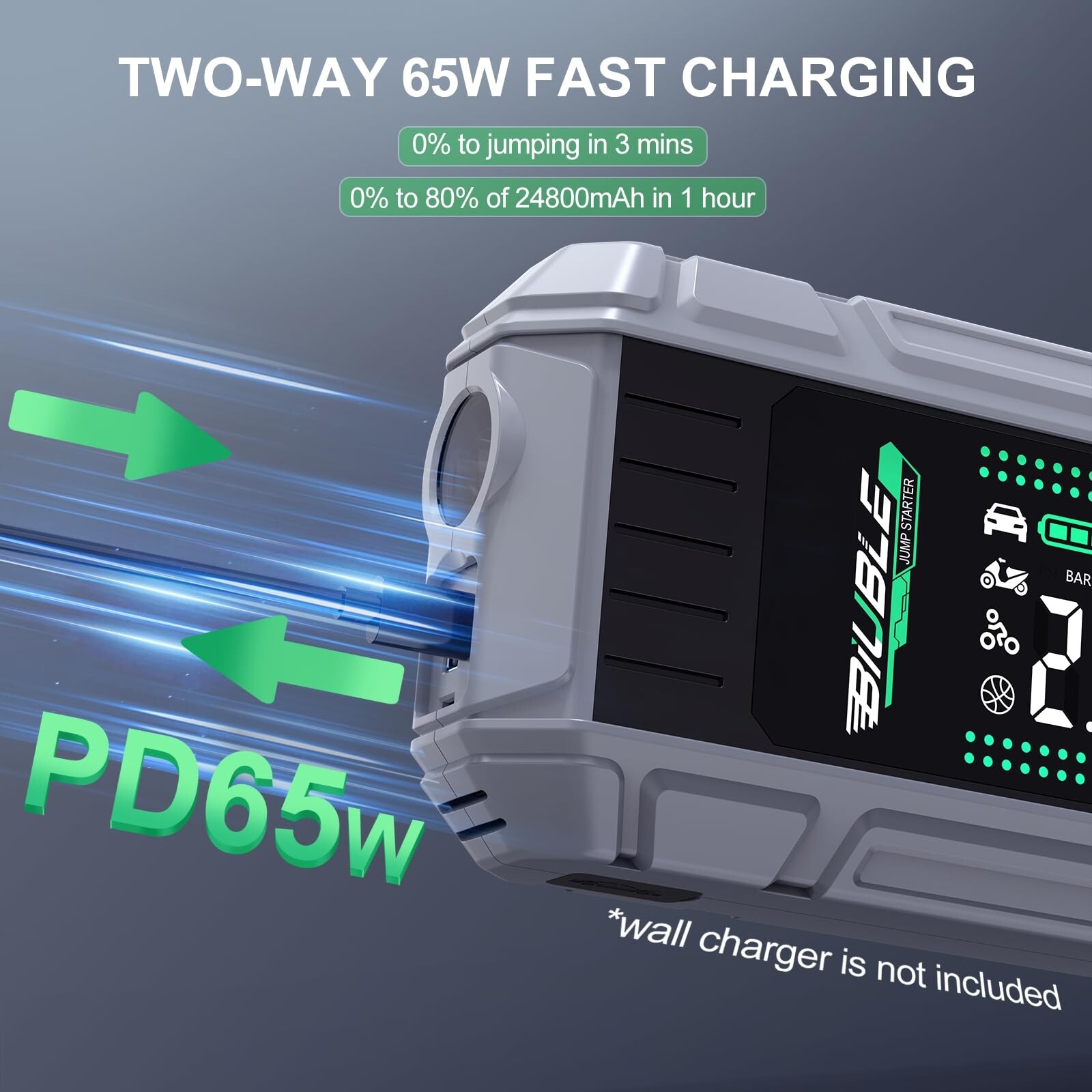 8000A Jump Starter with Air Inflator/Deflator Compressor, 65W Charging Car Ba...