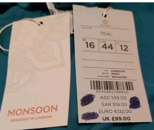 Monsoon Penny Enchanted Teal Tiered Midi Dress Uk 16 Bnwt Green Victoriana - Picture 7 of 7