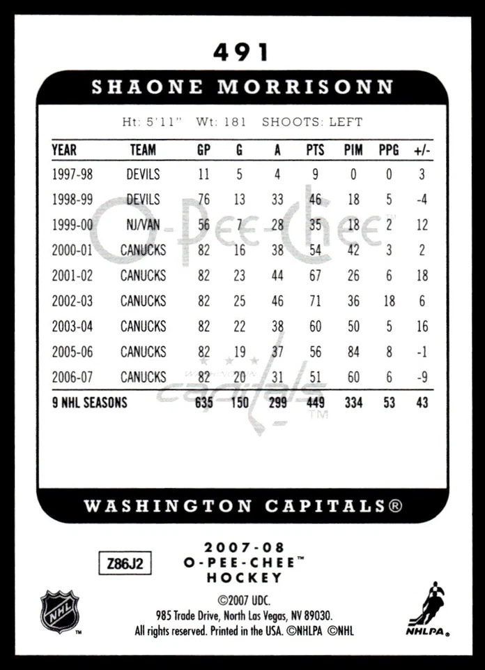 2007-08 O-Pee-Chee MICROMOTION Shaone Morrisonn Washington Capitals #491 R93 - Image 2 of 2