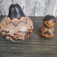 Vtg Hand Carved Gourds 2 Etched Painted Folk Art - Lady, Animal Scene - PERU