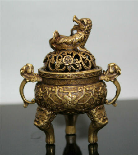 Collection laiton chinois sculpté à la main petit dragon lion couvercle brûleur d'encens - Photo 1/6