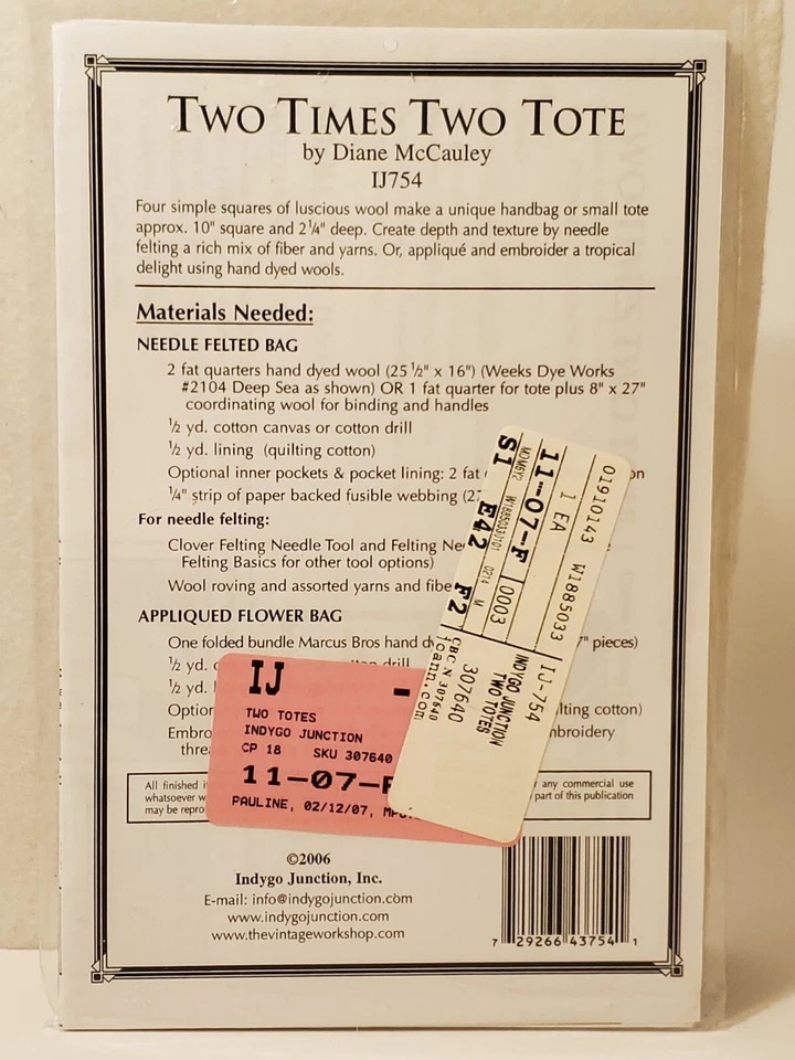 2006 Indygo Junction sewing pattern TWO TIMES TWO tote bag Diane McCauley Design - Image 3 of 4