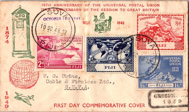 1949 FIJI SUVA  Air Mail FDC First Day Cover Commemorating 75th of cession to GB