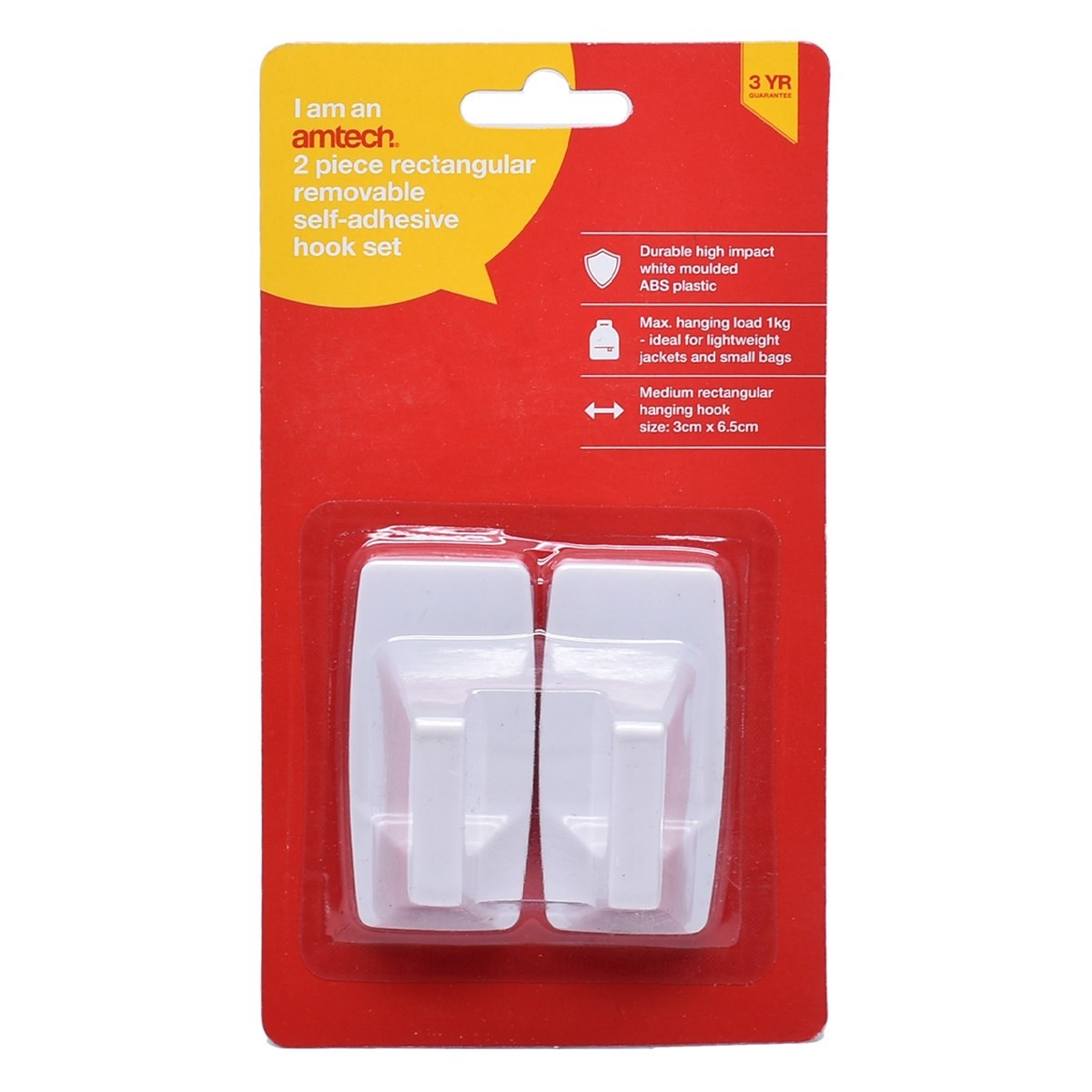 Amtech 2 Piece rectangular, removable self-adhesive hook set