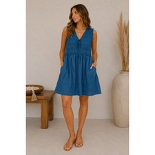Old Navy Smocked Tie Front Dress Womens XXL Teal Blue Sleeveless Cotton Mini