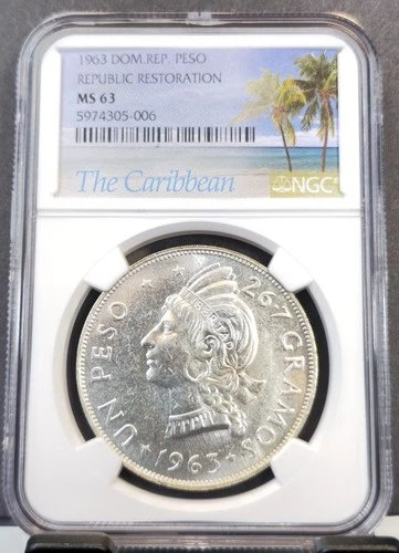 1963 DOMINICAN REPUBLIC SILVER 1 PESO NATIVE WOMAN BUST NGC MS 63 BEAUTIFUL COIN