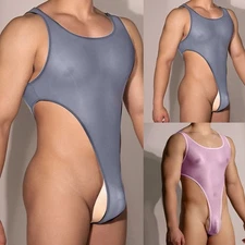 Confident and Sexy Men's Shiny Bodysuit with a Backless Thong Leotard Design