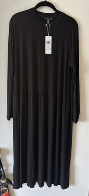 Eileen Fisher ~  Fine Jersey Shirred Calf Length Dress, Black, Medium, NWT