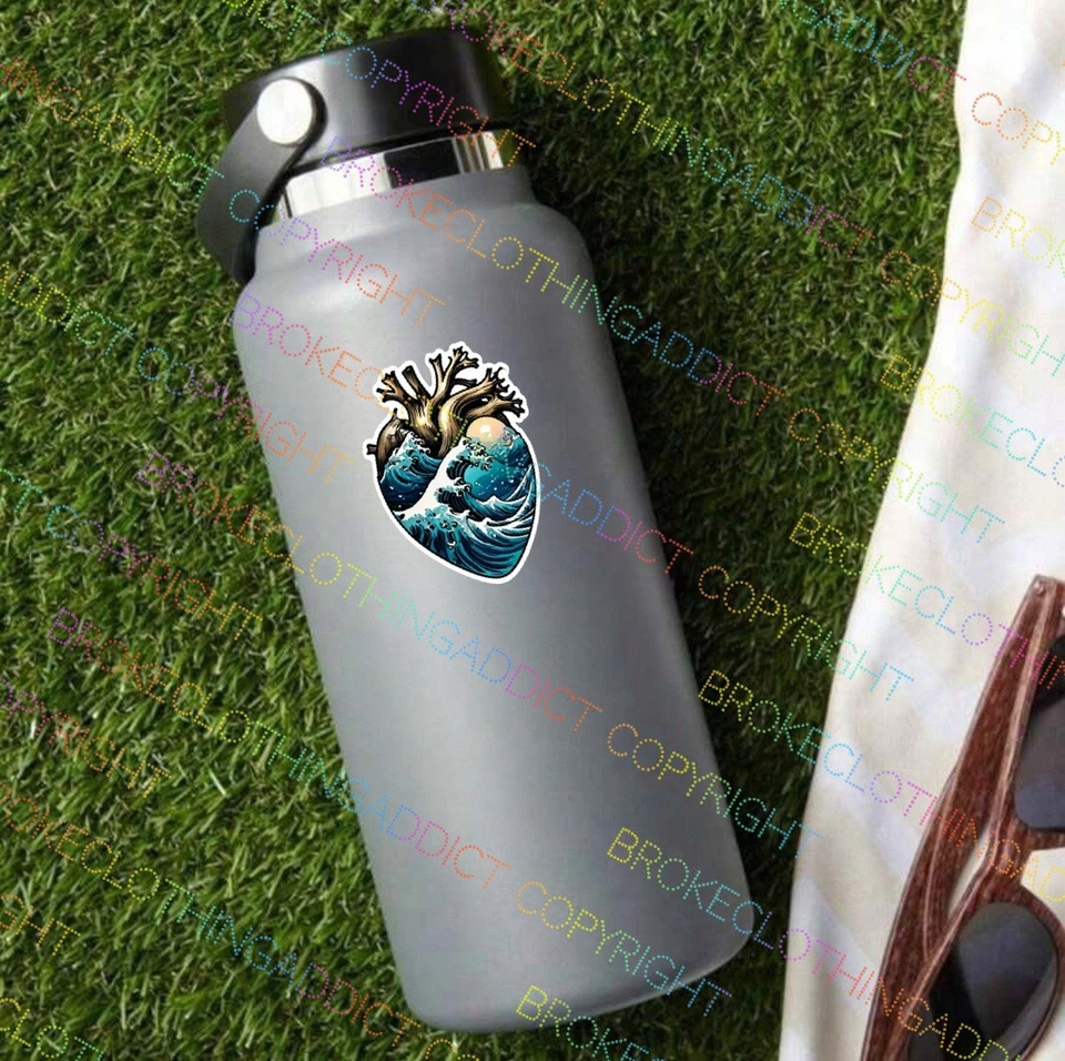 Pegatina de vinilo para botella de agua de enfermera médica playa ondas cardíacas anatómicas Foto 3 de 4