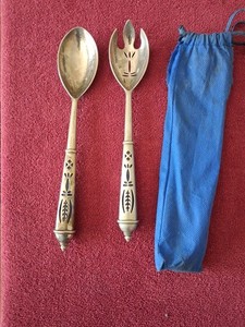 Vintage Silver Plate Salad Serving Set With Cobalt Blue Insert