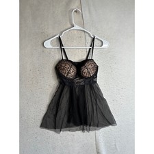 Victoria's Secret Black Lace Mesh Padded Babydoll Lingerie 34C Corset Style
