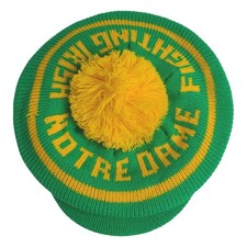 Vintage Notre Dame Fighting Irish Knit Hat Tam Brim Hreen Yellow Pom Top Golf