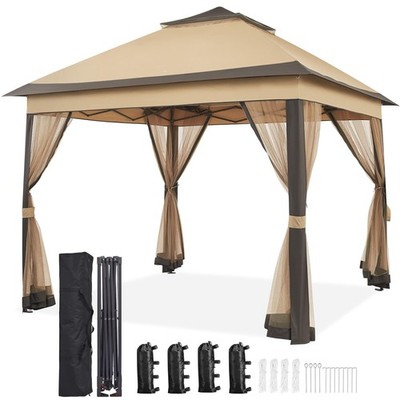 Yaheetech 11x11 Pop Up Gazebo Outdoor Canopy Tent w/ 4 Sandbags, Double Tier, Kh