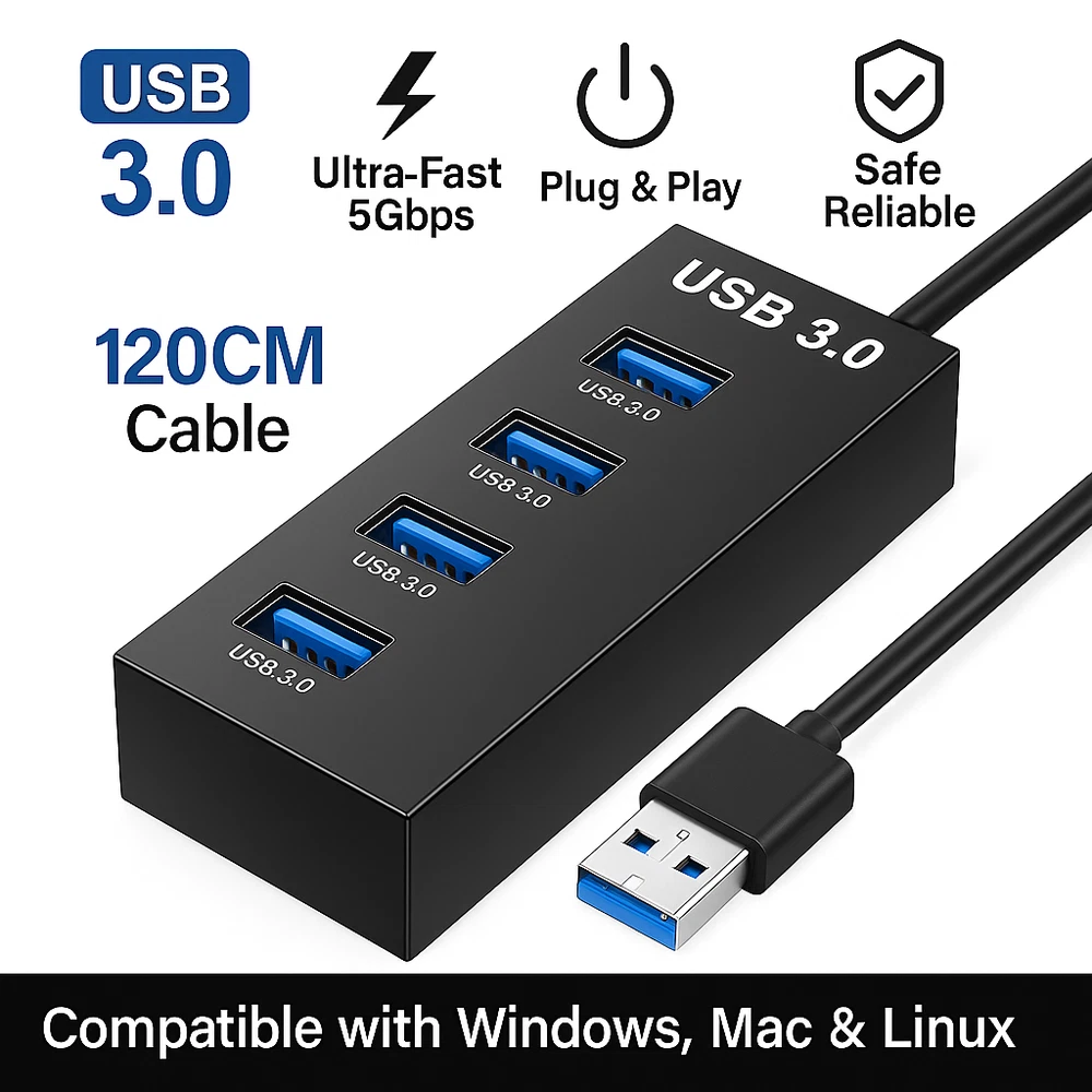 4-Port USB 3.0 Hub for Laptop & PC - High-Speed Data Transfer & Extra Ports
