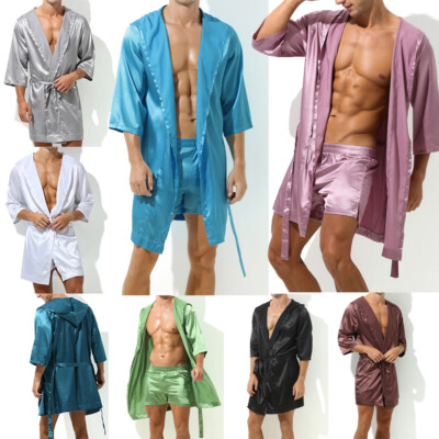 Mens Satin Silk Kimono Bathrobe With Pajama Shorts Hooded Robes Set Sleepwear XL