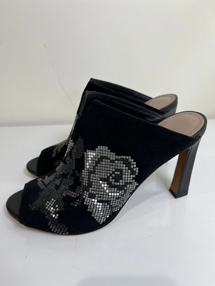 Donald Pliner Elora Womens Heeled Mule Black Suede Floral Size 7.5 Peep-Toe - Image 3 of 4