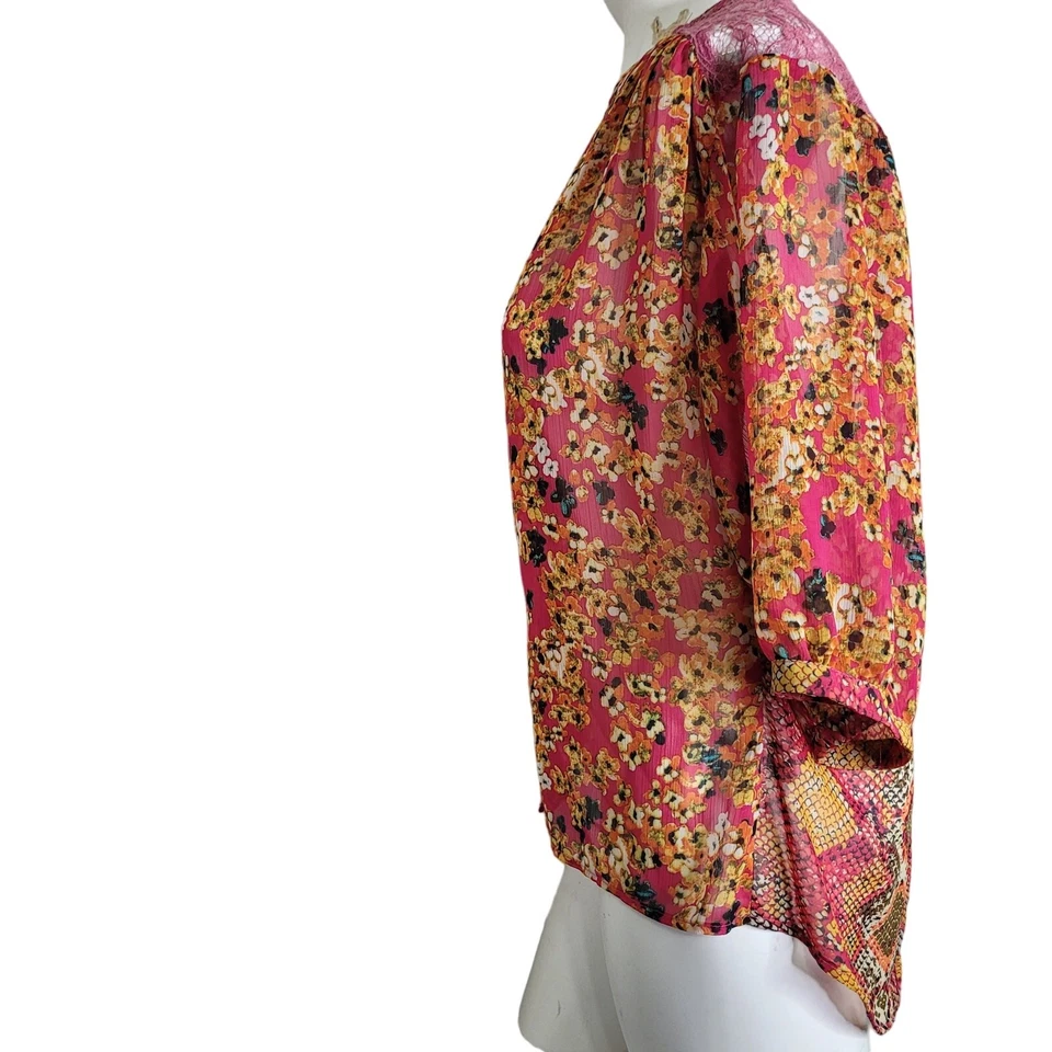 Fig & Flower Small blouse women top sheer floral button patchwork lace hi-low - Image 2 of 4