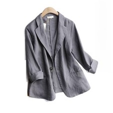 Ladies Plain Linen Cotton Long Sleeve One Button Blazer Suit Coats Jackets Tops