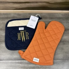 Williams Sonoma Quilted Cotton Oven Mitt & Potholder Set/2 Navy Orange Monogram