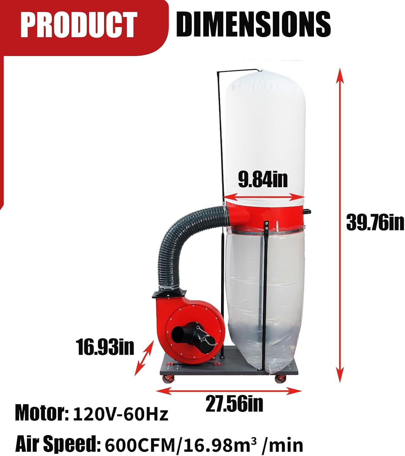 1500W Dust Collector Vertical 50 Gal Bag Mobile Base Heavy Duty Woodworking