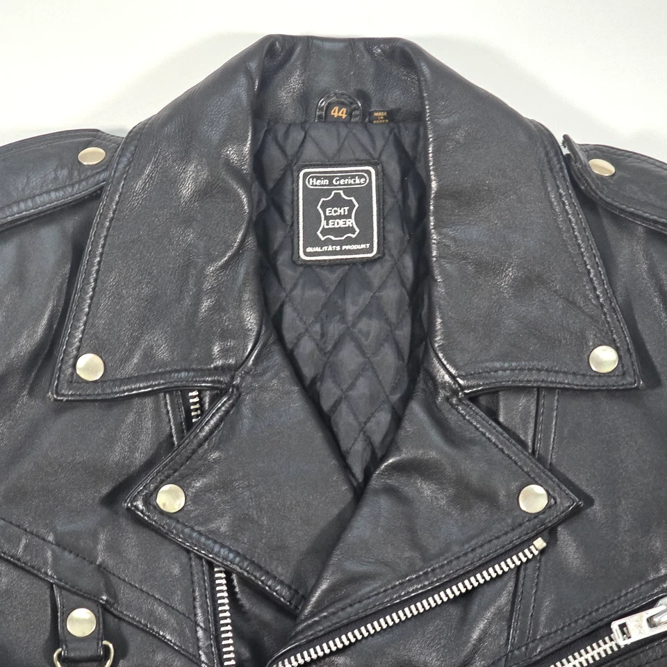 HEIN GERICKE BLACK LEATHER MOTORCYCLE JACKET Sz 44 ZIP QUILTED LINED VTG 80's - Image 3 of 4