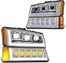 Pair Full LED Projector Sequential Headlights Compatible with 03-06 Chevy Silver