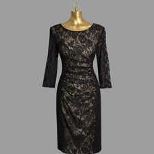 Phase Eight Black Lace Ruched Dress 3/4 Sleeve Formal Occasion Evening Size 18