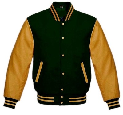 Varsity Baseball Bomber College Letterman Grün Wolle & Gold Lederärmel Jacke 