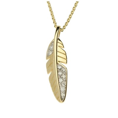 Damen 9 kt Gelbgold Diamant Feder Anhänger & Kette