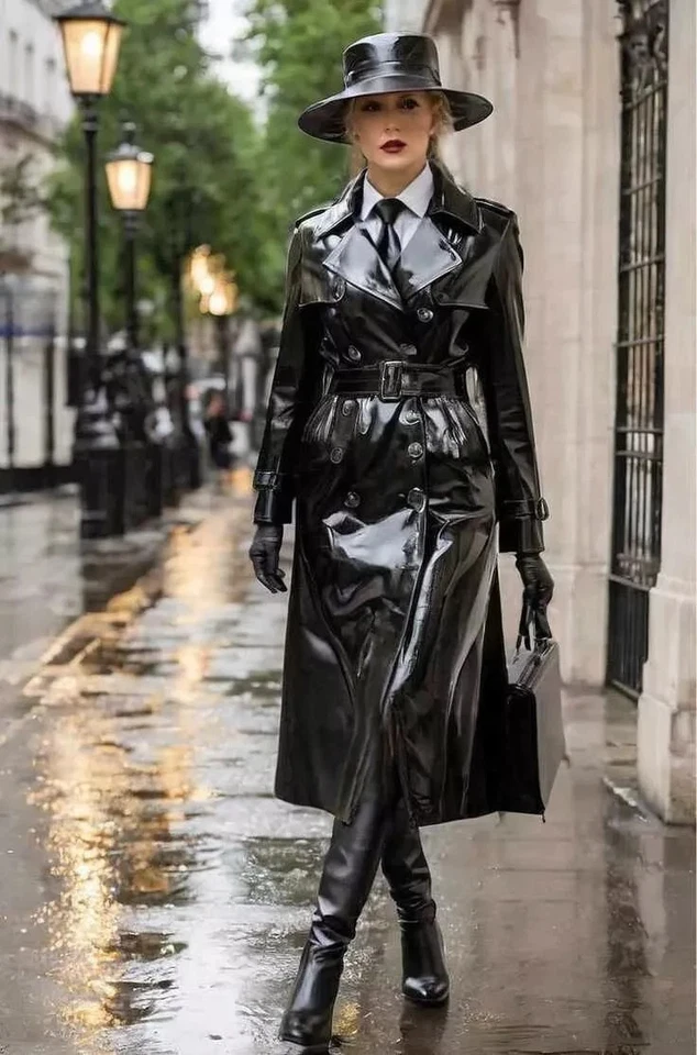 Women PVC Trench Black Coat Gothic Cyberpunk Vinyl Raincoat (S-6XL) - Image 2 of 3
