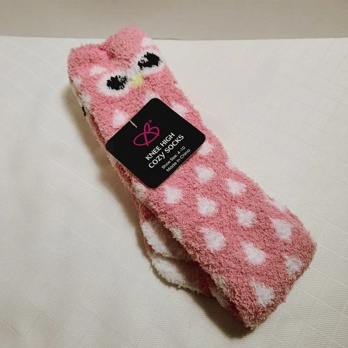 Bobbie Brooks Owl Cozy Socks Fuzzy Pink  CORAL Shoe Size 4-10 Knee High Lounge
