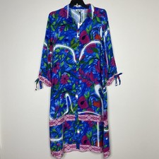 Celina Moon Blue Floral Button Front Midi Dress Pocket Long Sleeve Sz Large