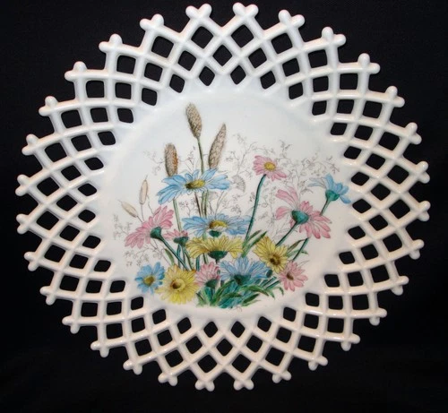 Vintage Westmoreland White Milk Glass Lattice Edge Hand Painted Wildflower Plate